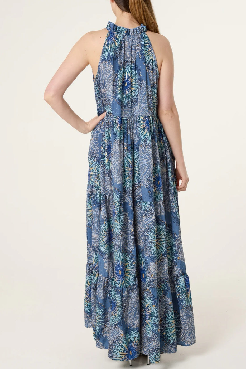 Tiered Halter Neck Maxi Dress - Light Steel Blue