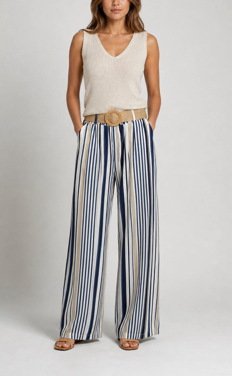 Striped Wide Leg Trousers with Woven Belt - Mixed Pack