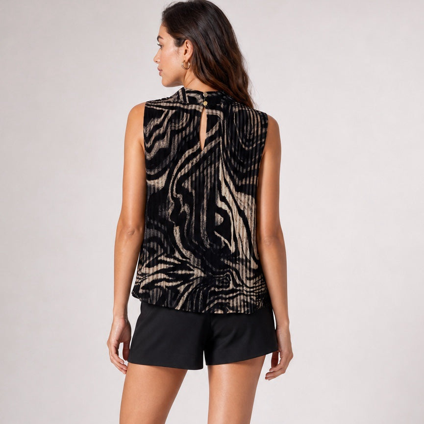 Abstract Print Bubble Hem Top - Black