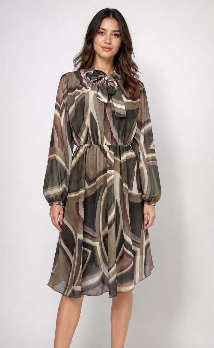 Abstract Print Pussy-Bow Chiffon Dress - Mixed Pack