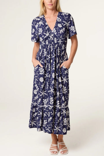 Gathered Empire Waist Midi Dress - Navy Blue