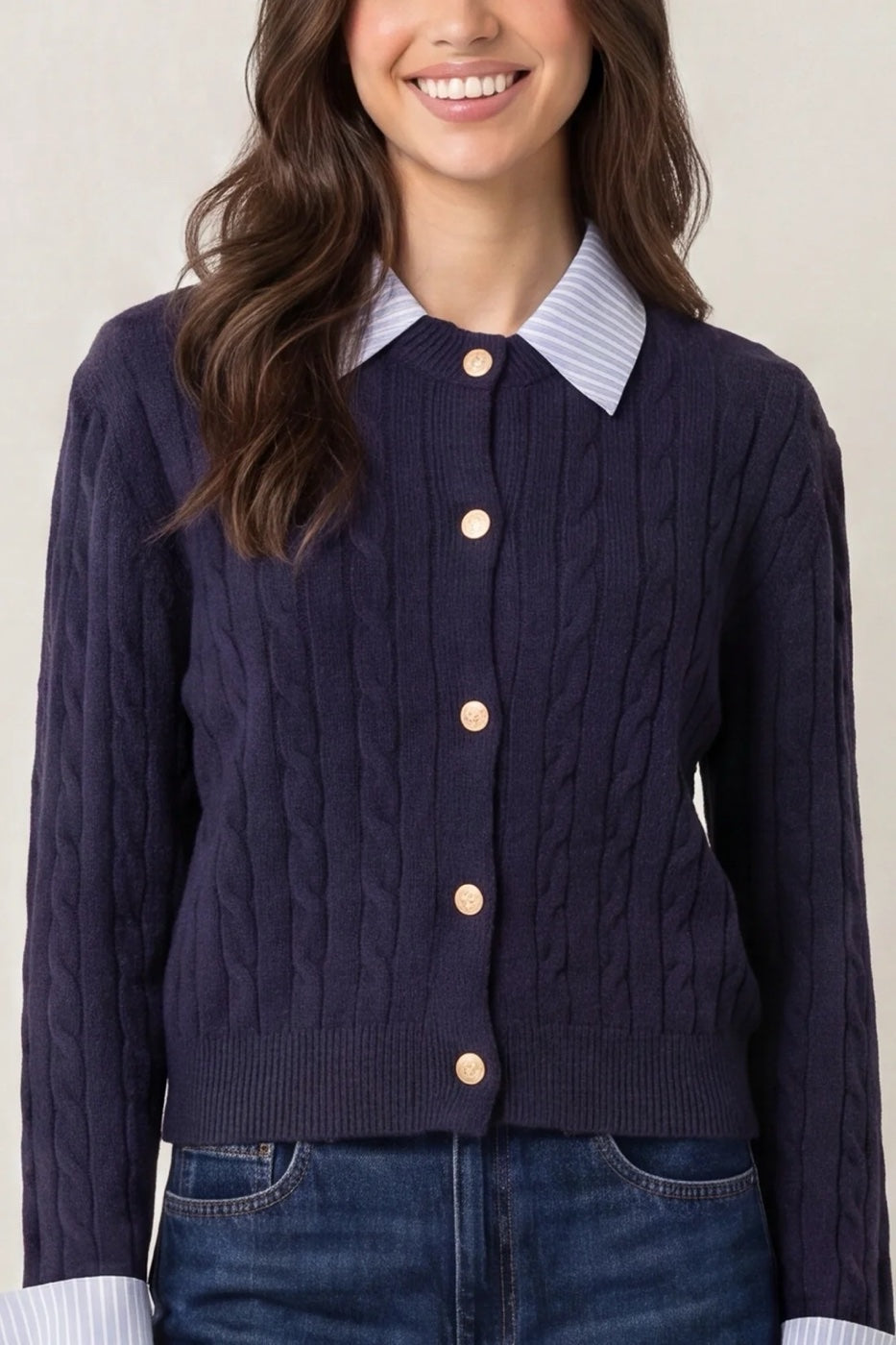 Cable Knit Crew Neck Cardigan - Navy
