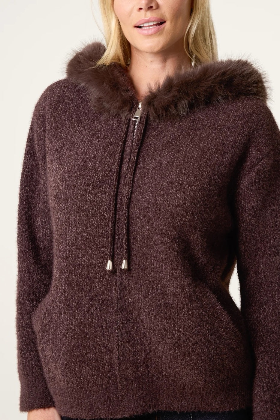 Fur Trimmed Knit Hoodie - Chocolate