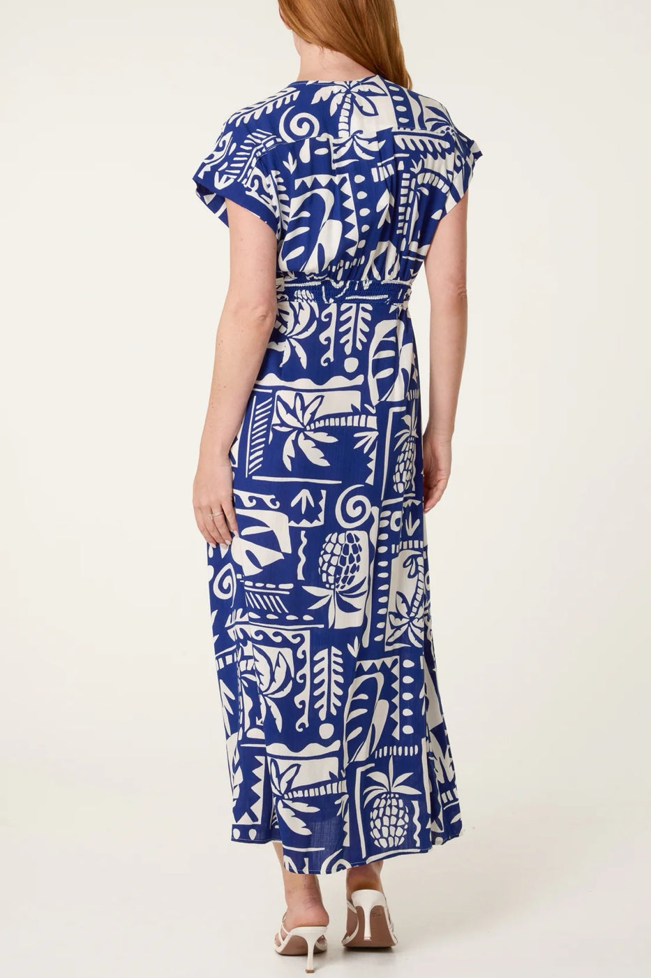 Tropical Print Maxi Dress with Tie Waist - Royal Blue (2)