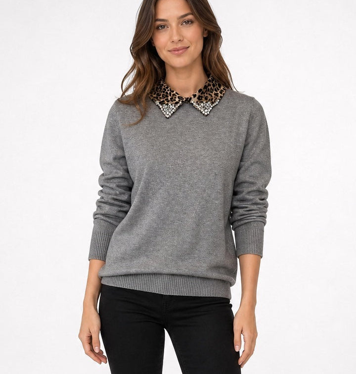 Embellished Leopard Print Collar Knit Sweater - Grey