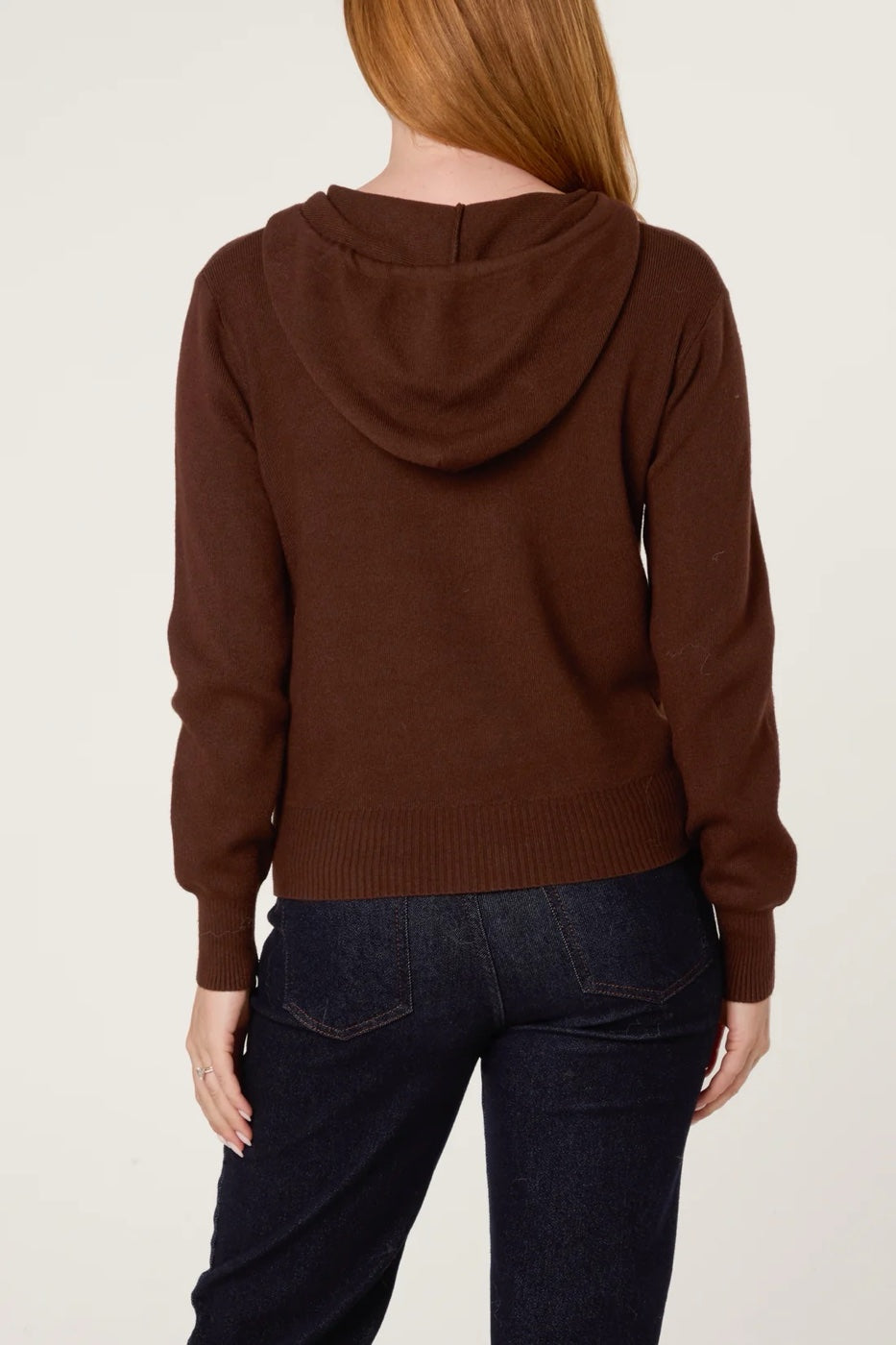 Knitted Hoodie Cardigan with Contrast Buttons - Chocolate (2)