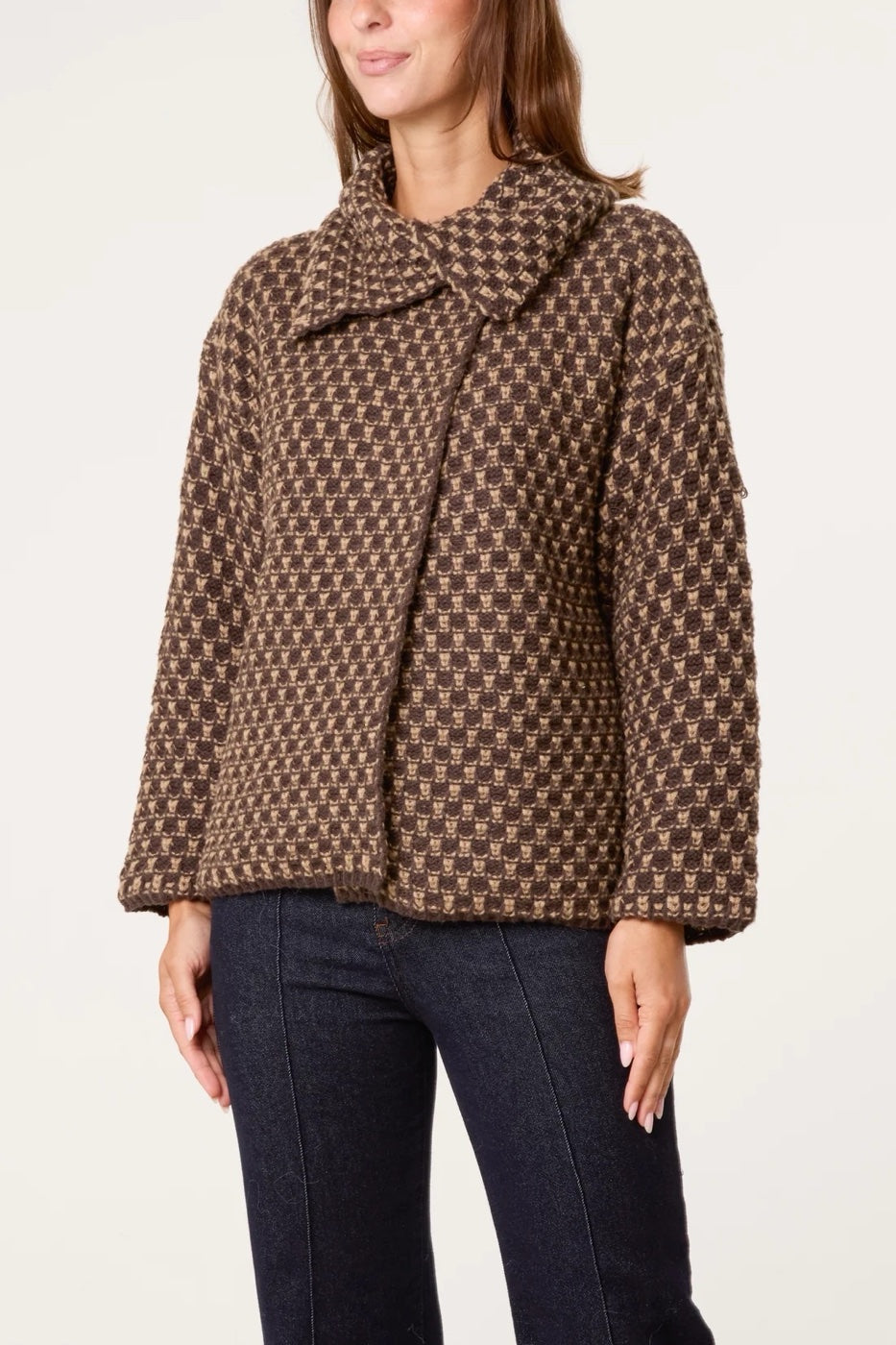 Textured Geometric Knit Jacket - Brown