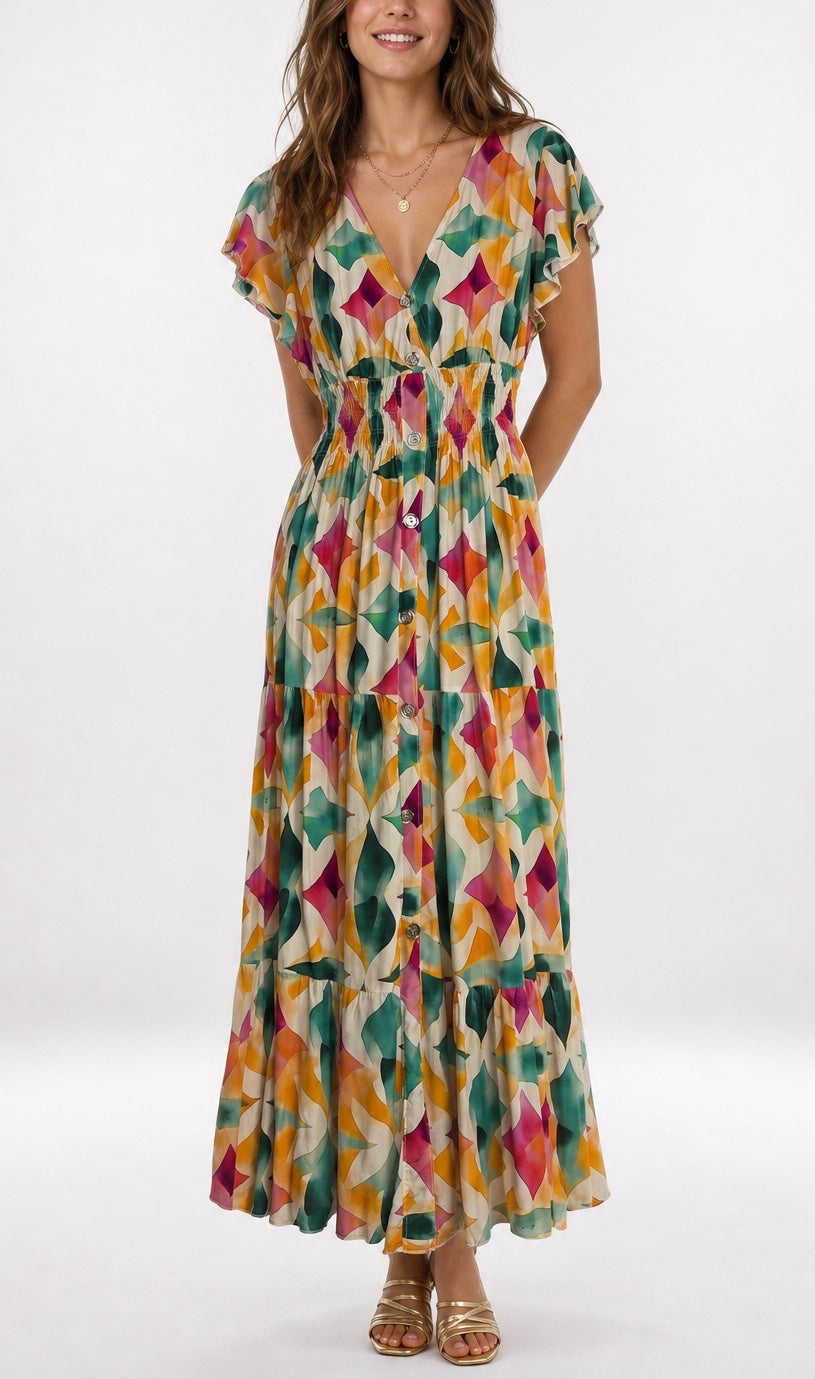 Flutter Sleeve Shirred Waist Maxi Dress 962-L3 - Multi