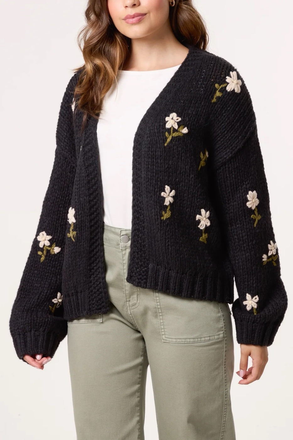 Embroidered Floral Knit Cardigan - Black