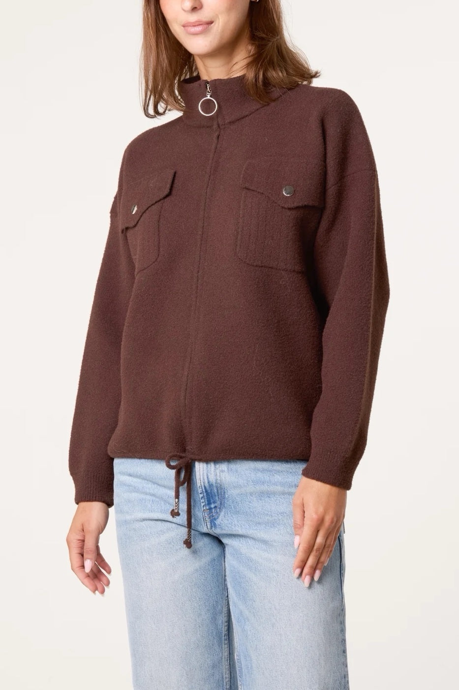 High Neck Knitted Utility Jacket - Chocolate