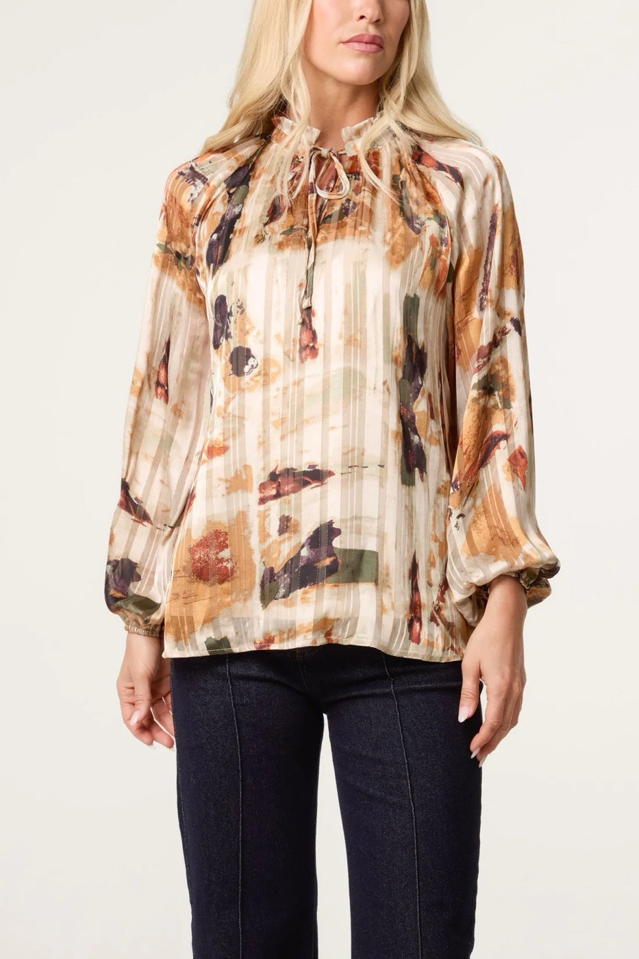 Abstract Print Tie-Neck Blouse - Stone