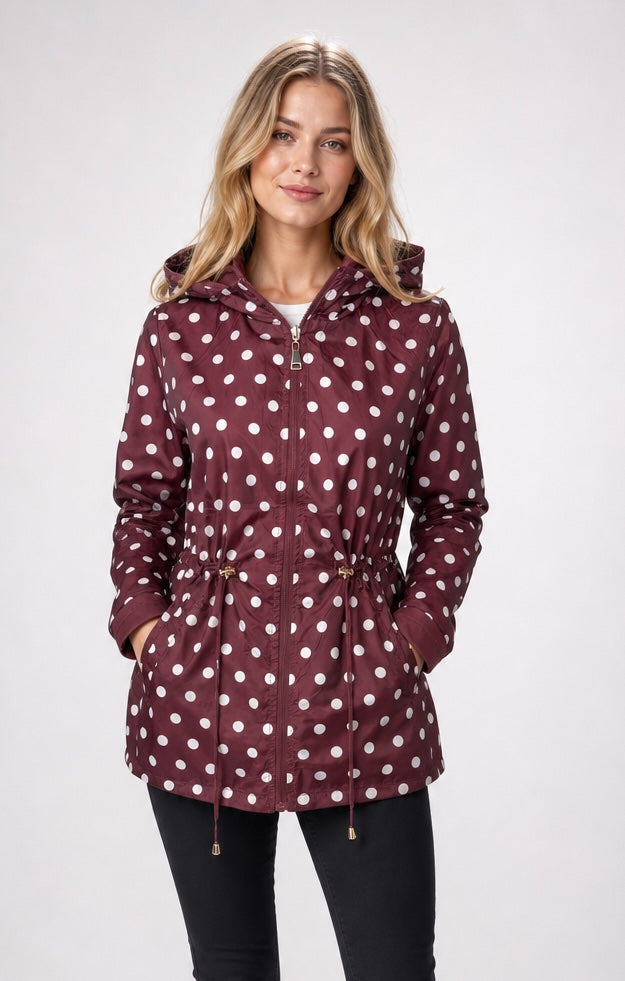 Drawstring Hooded Jacket with Polka Dot Lining - Burgundy (3)