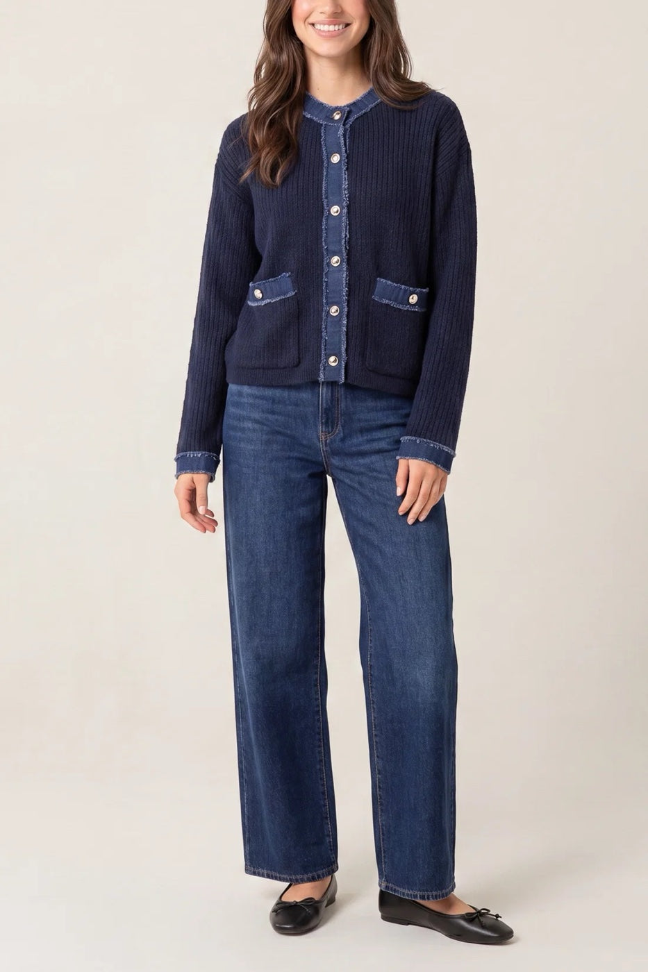 Denim Trim Knit Cardigan - Navy (2)