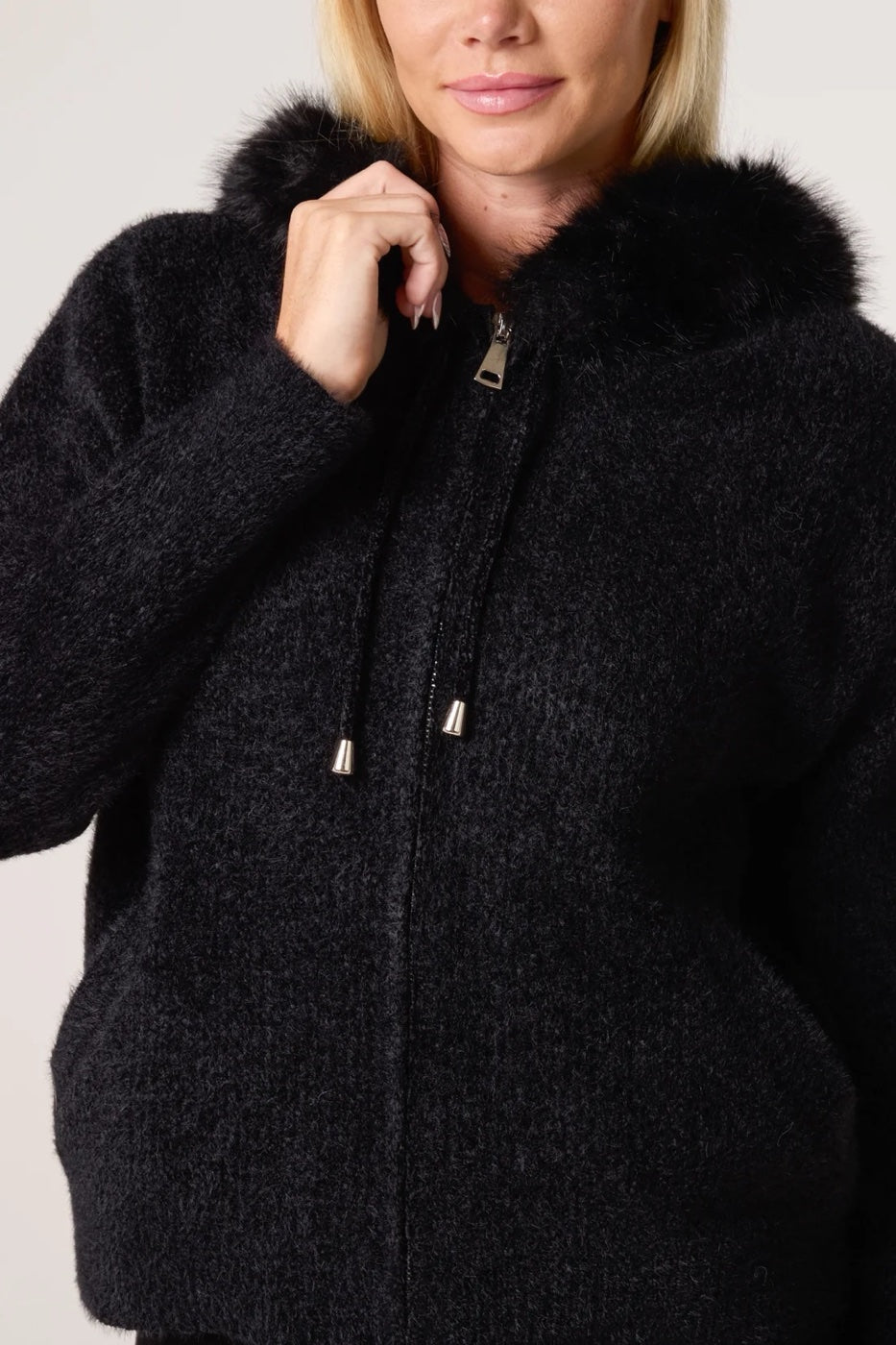 Soft Knit Hooded Jacket with Faux Fur Trim - Black