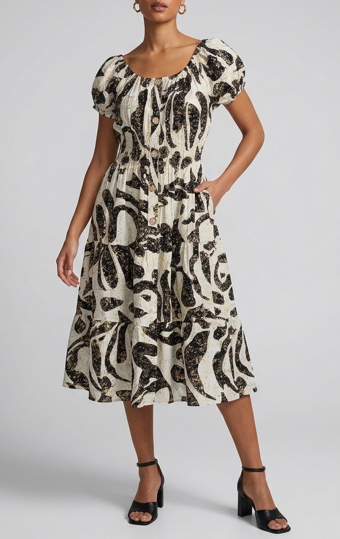 Shirred Puff Sleeve Midi Dress - Black
