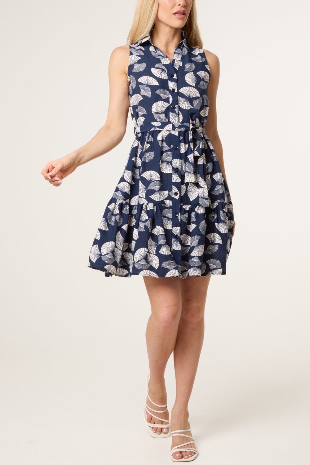 Sleeveless Tiered Shirt Dress with Fan Print - Navy Blue