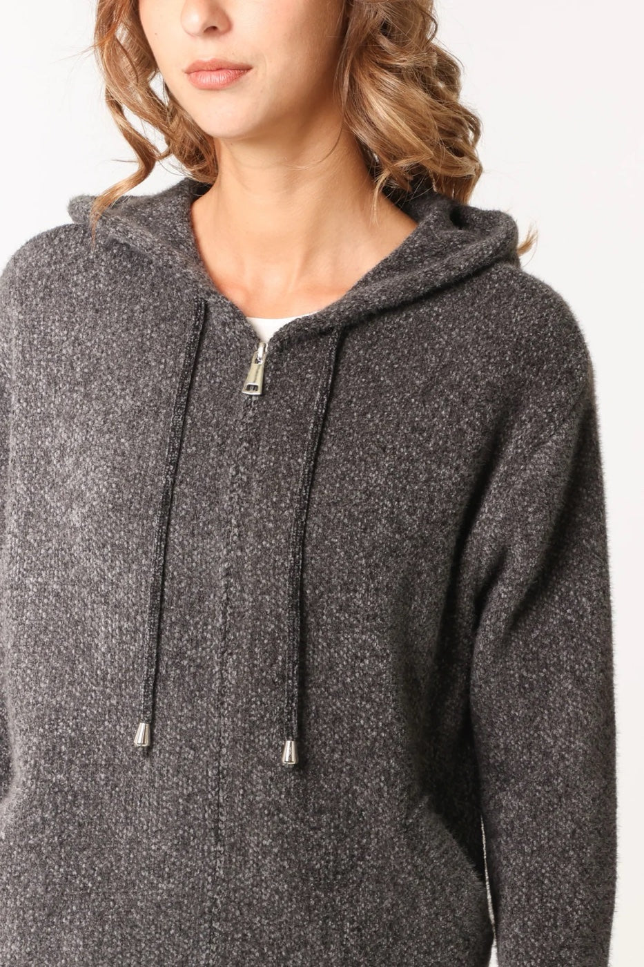 Textured Knit Zip-Front Hoodie - Charcoal (2)