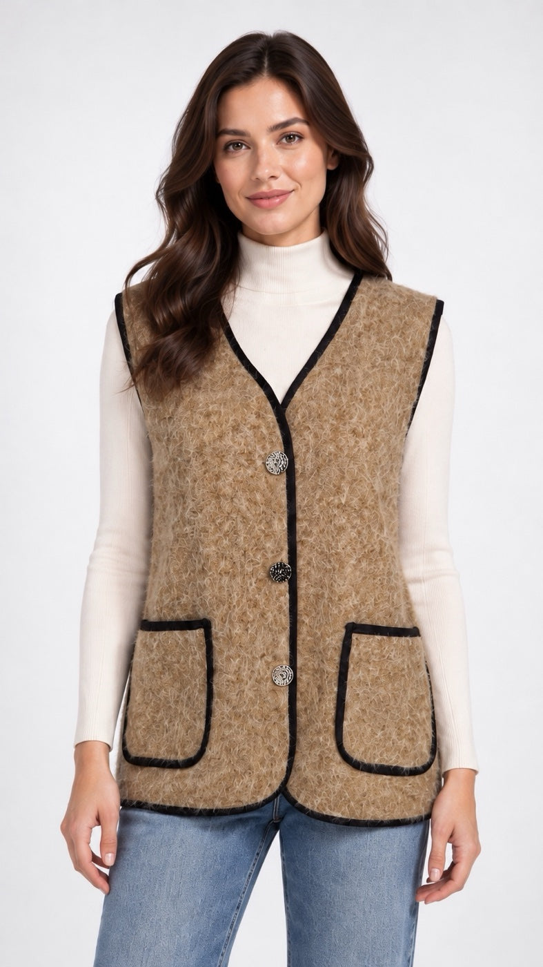 Textured Button Vest with Faux Leather Trim - Mixed Pack
