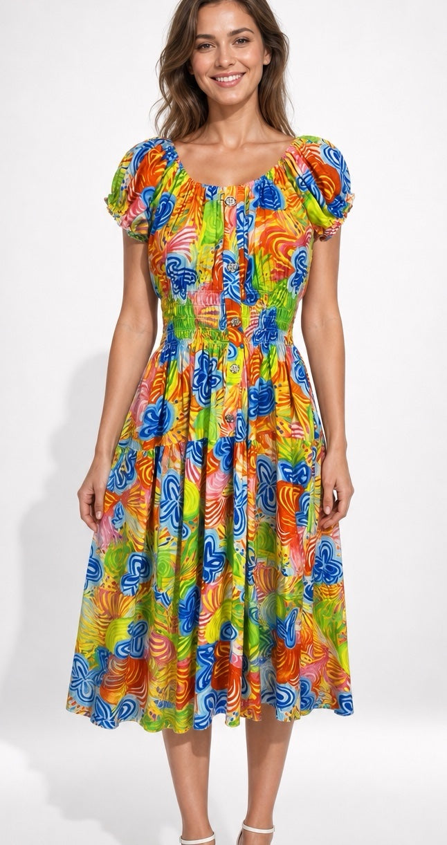 Smocked Puff Sleeve Midi Dress - Multi