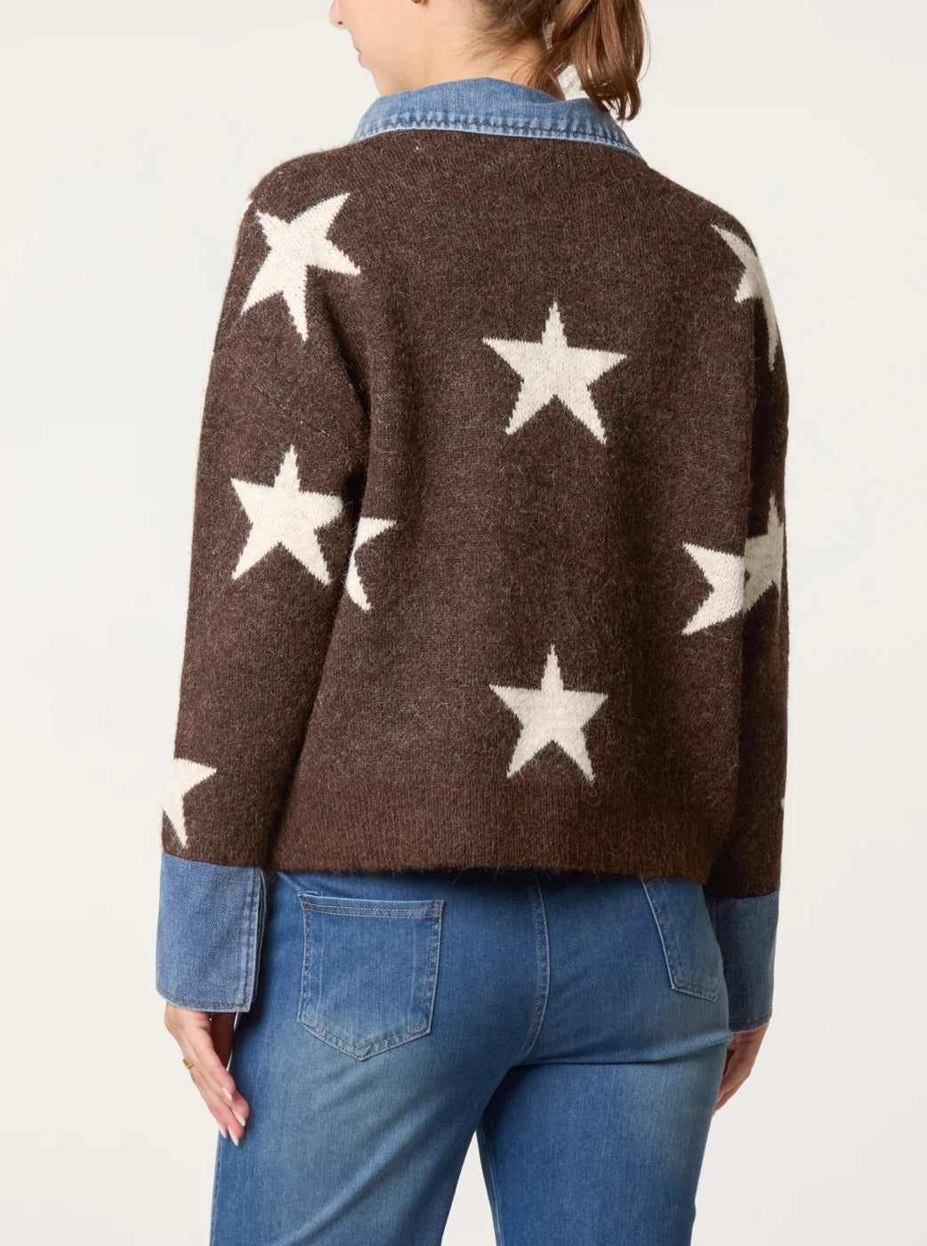 Star Print Knit Jumper with Denim Collar - Chocolate (2)