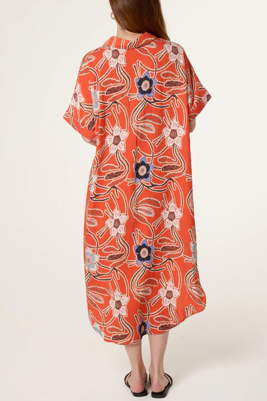 Collared Floral Print Midi Dress - Bright Orange