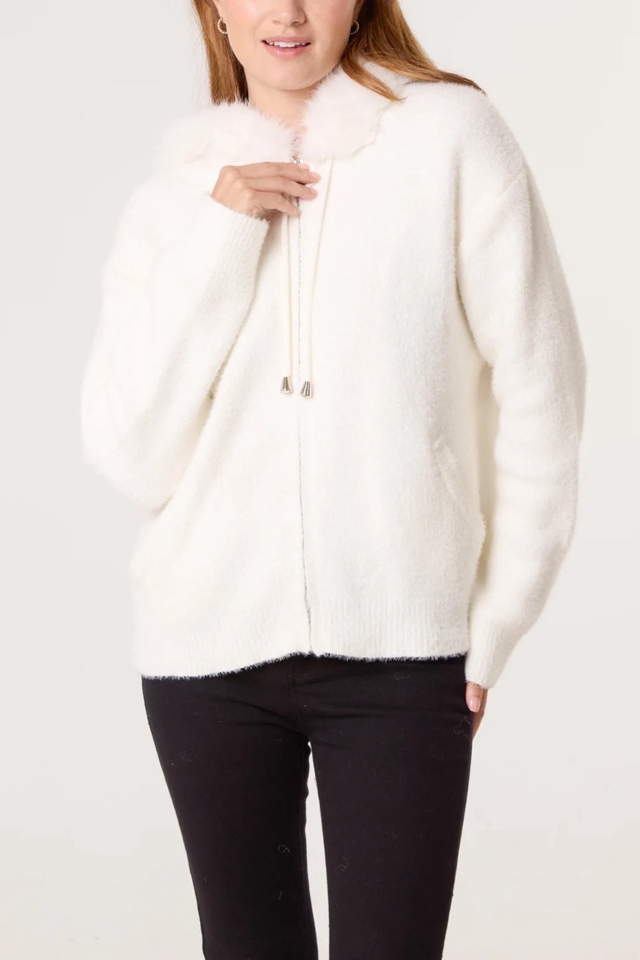 Fluffy Knit Hoodie with Faux-Fur Trim - Ivory