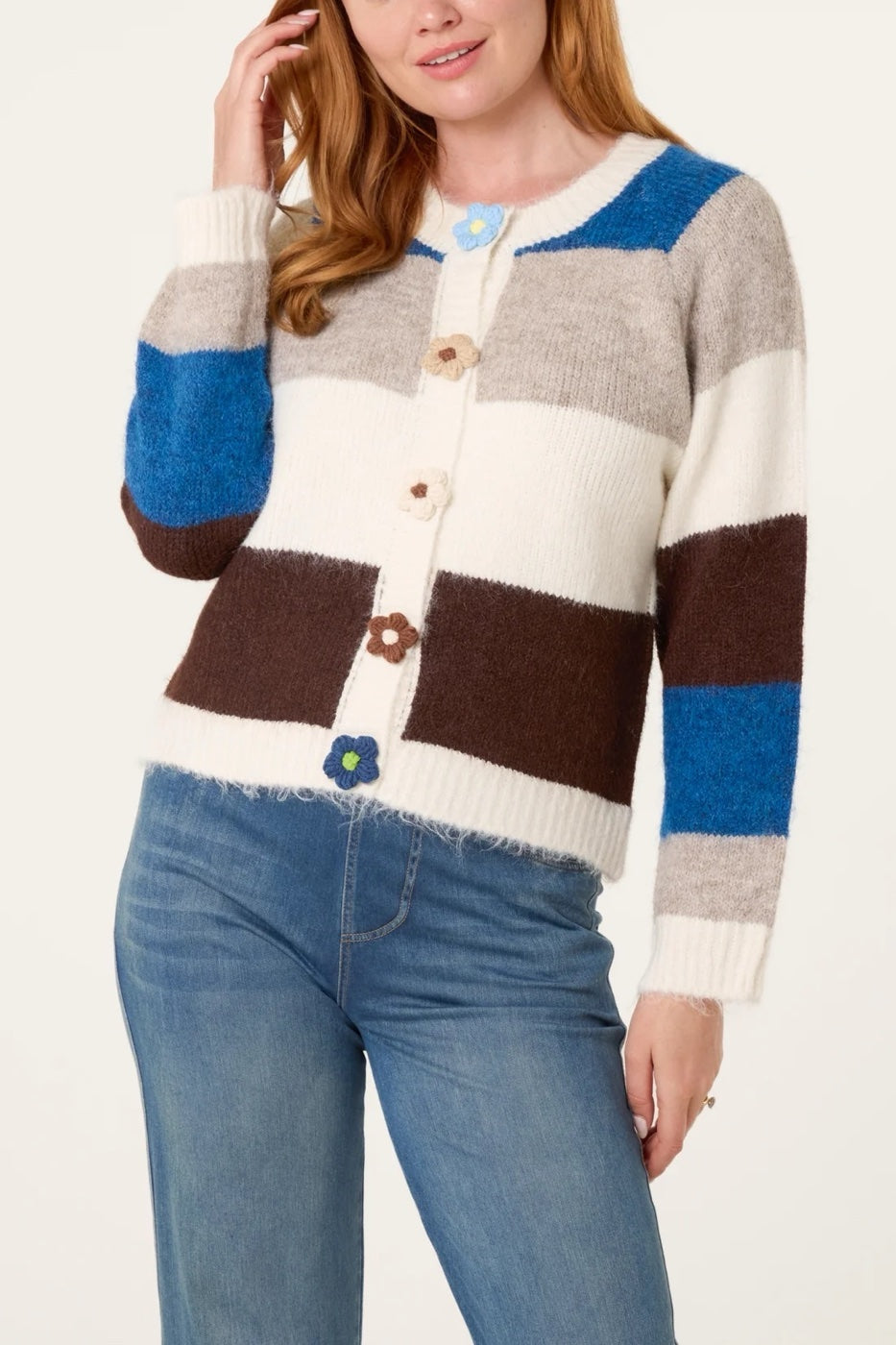 Striped Floral Button Cardigan - Chocolate