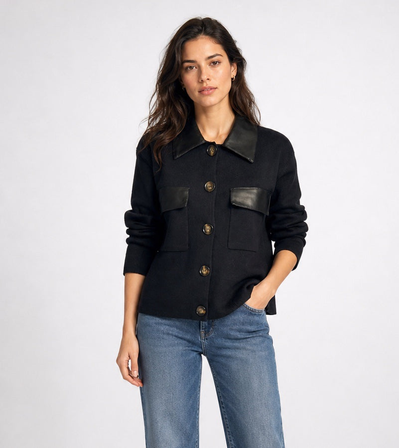 Collared Faux Leather Trim Knit Jacket - Mixed Pack