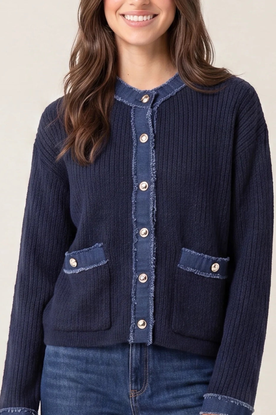 Denim Trim Knit Cardigan - Navy