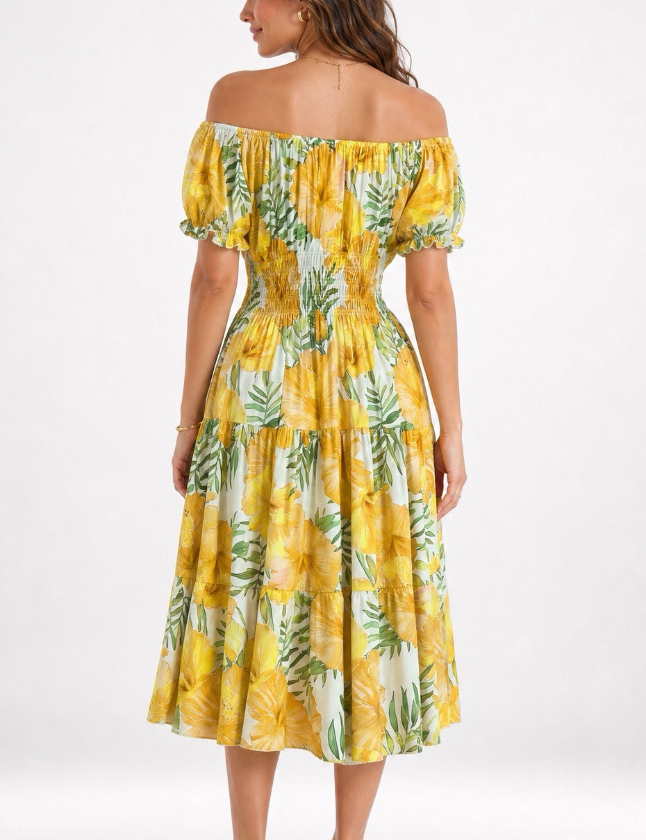 Floral Tropical Off-the-Shoulder Tiered Midi Dress - Yellow (2)