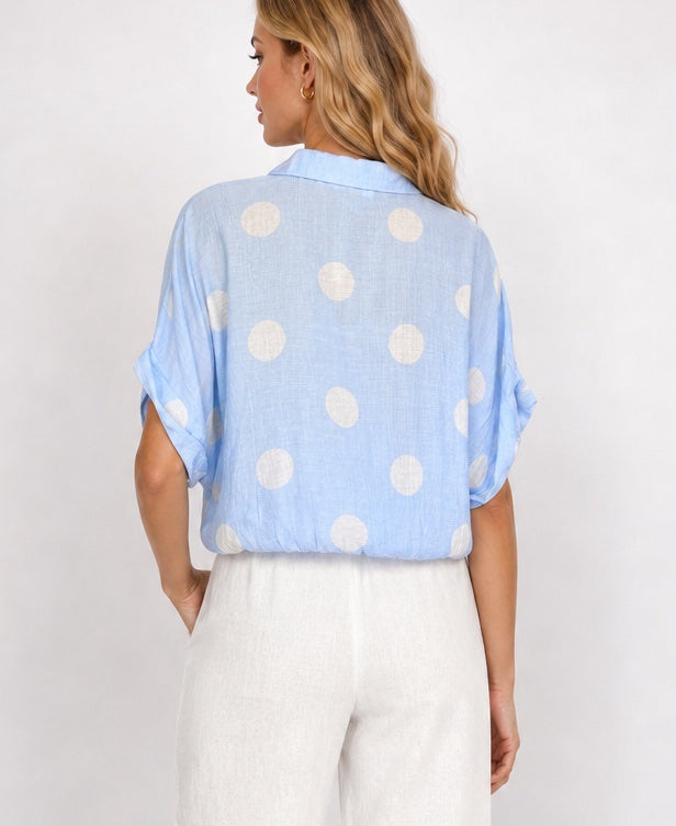 Polka Dot Knot Front Blouse - Baby Blue (2)