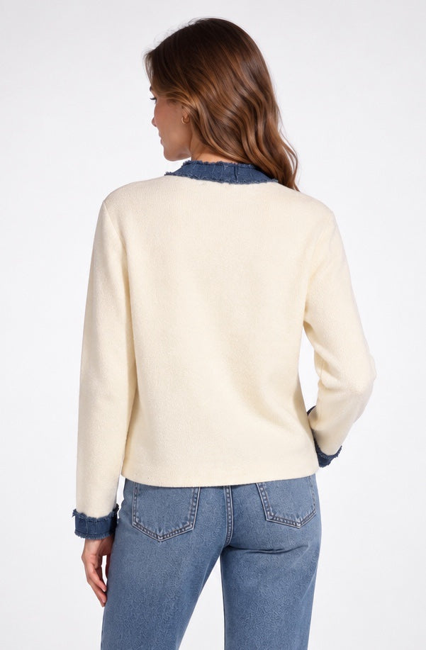 Denim Contrast Trim Knit Cardigan - Ivory (2)