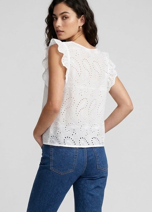 Embroidered Eyelet Top with Ruffled Sleeves - White