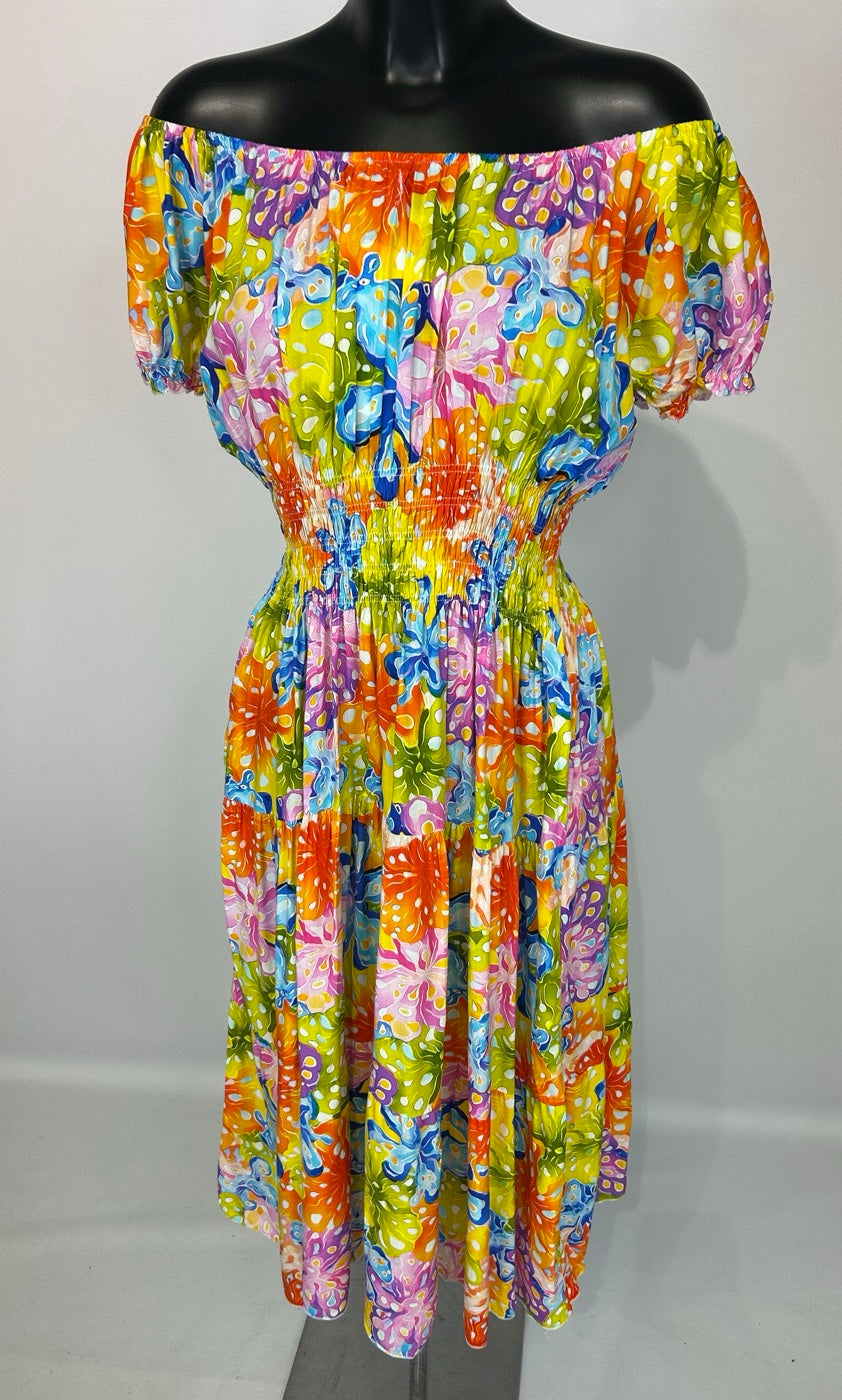 Off-the-Shoulder Multi Print Midi Dress - Multi (3)