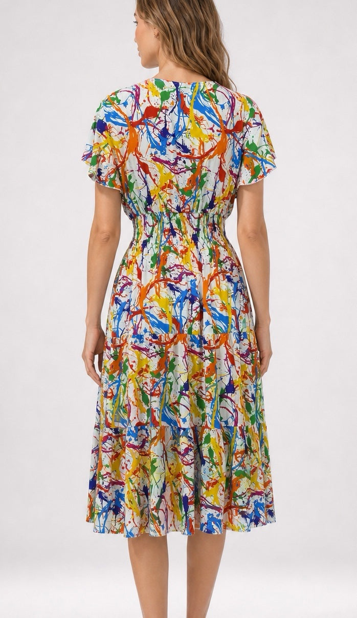 Vibrant Splash Print Midi Dress - White (2)