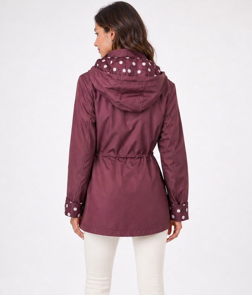 Drawstring Hooded Jacket with Polka Dot Lining - Burgundy (2)