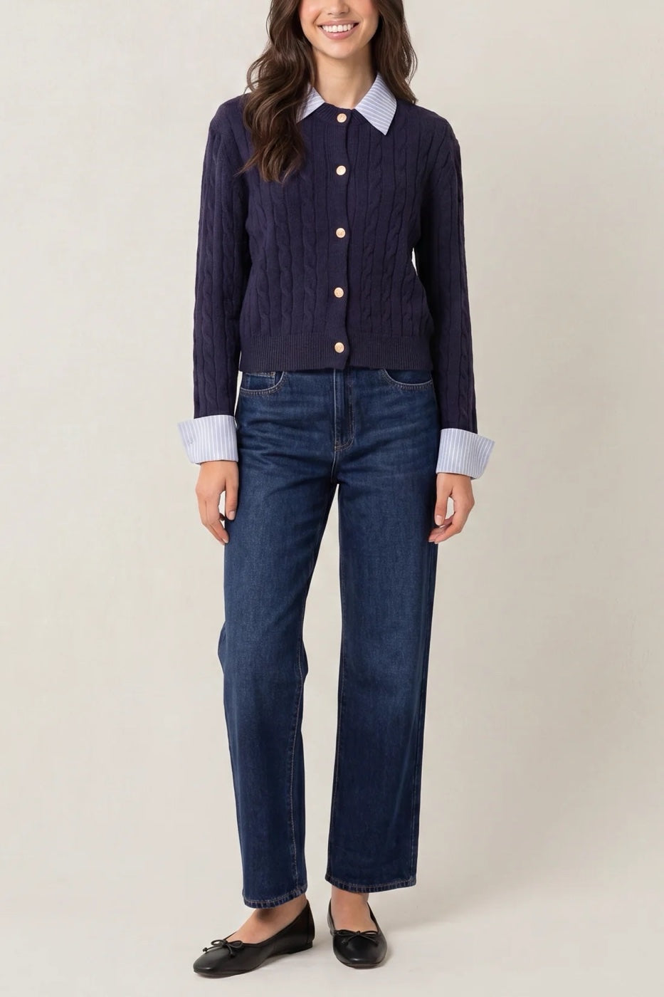 Cable Knit Crew Neck Cardigan - Navy (2)