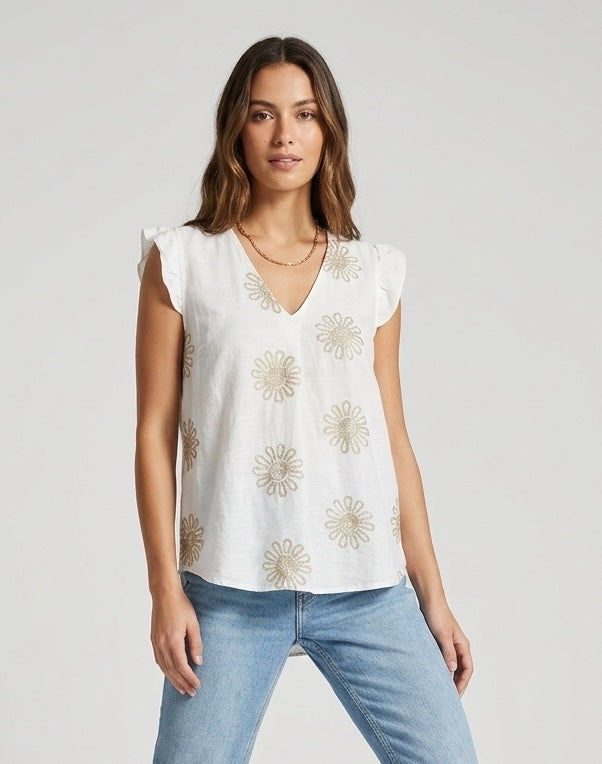 Floral Embroidered Flutter Sleeve Top - White