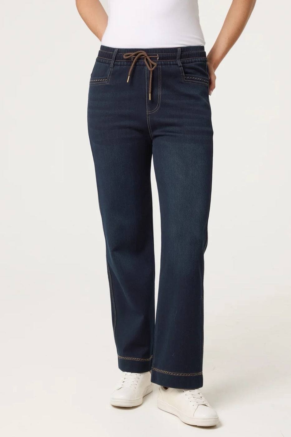 Drawstring Waist Straight Leg Jeans - Indigo