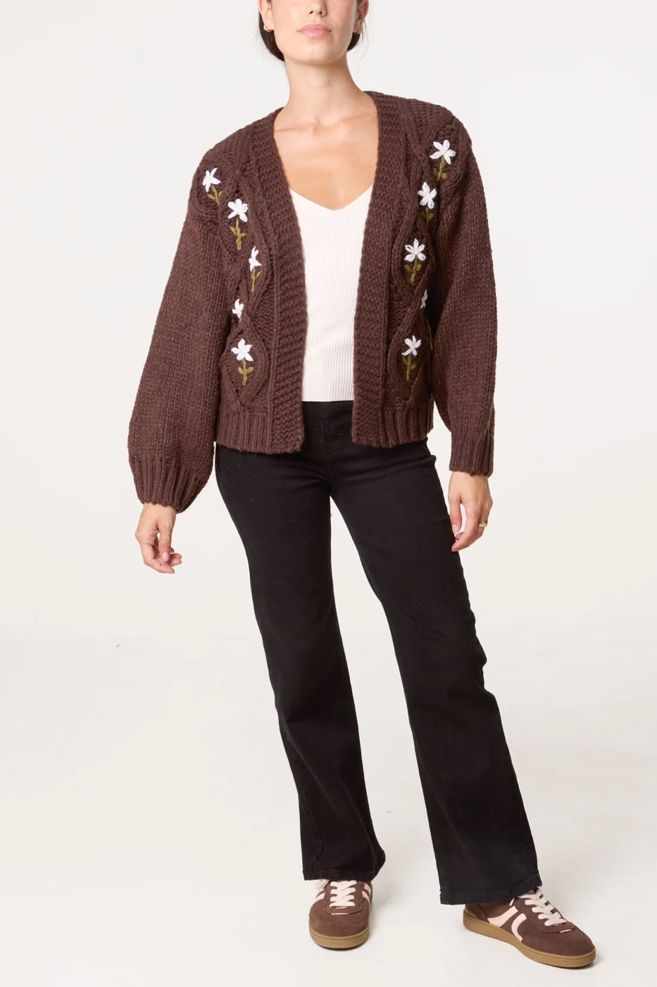 Embroidered Cable Knit Cardigan - Chocolate (2)