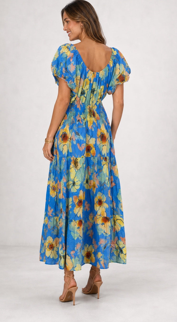 Tiered Floral Maxi Dress with Smocked Bodice - Bright Blue (2)