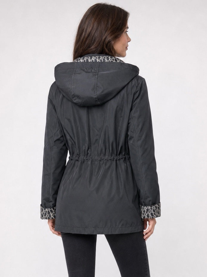 Hooded Drawstring Waist Jacket - Black (2)