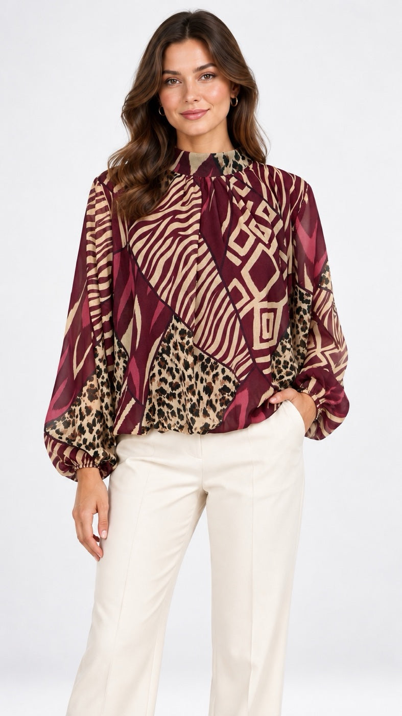 Patchwork Print High Neck Blouse - Mixed Pack