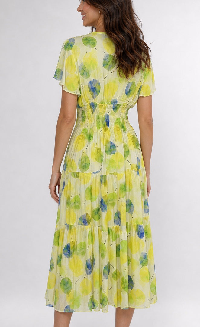 Tiered Midi Dress with Flutter Sleeves - Lemon