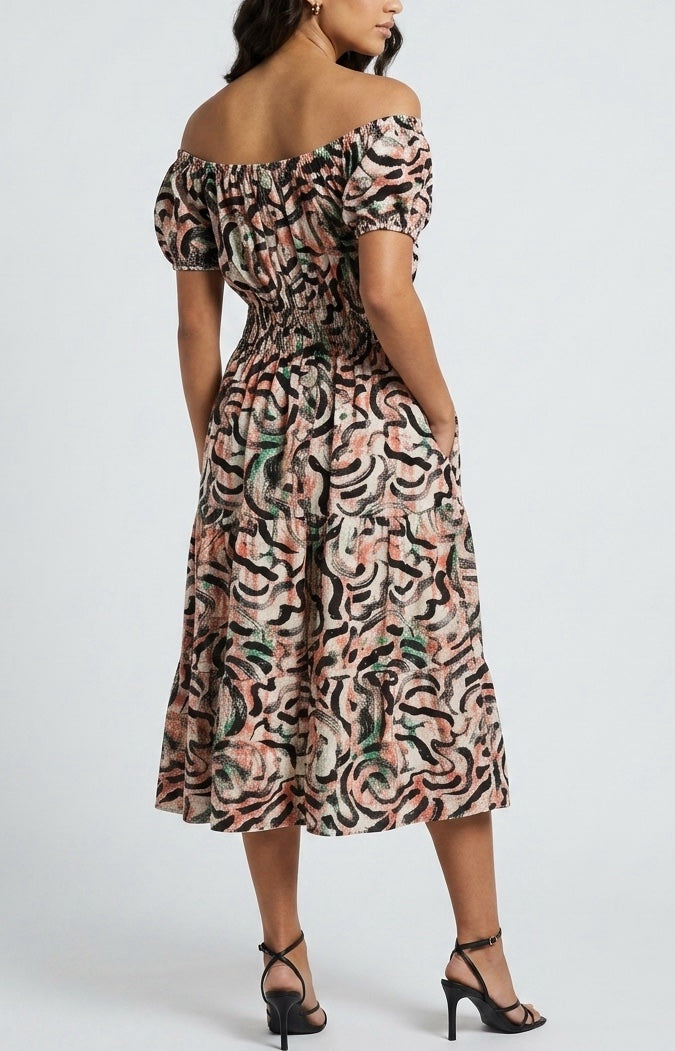 Printed Off-the-Shoulder Midi Dress - Red