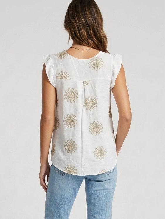 Floral Embroidered Flutter Sleeve Top - White (2)