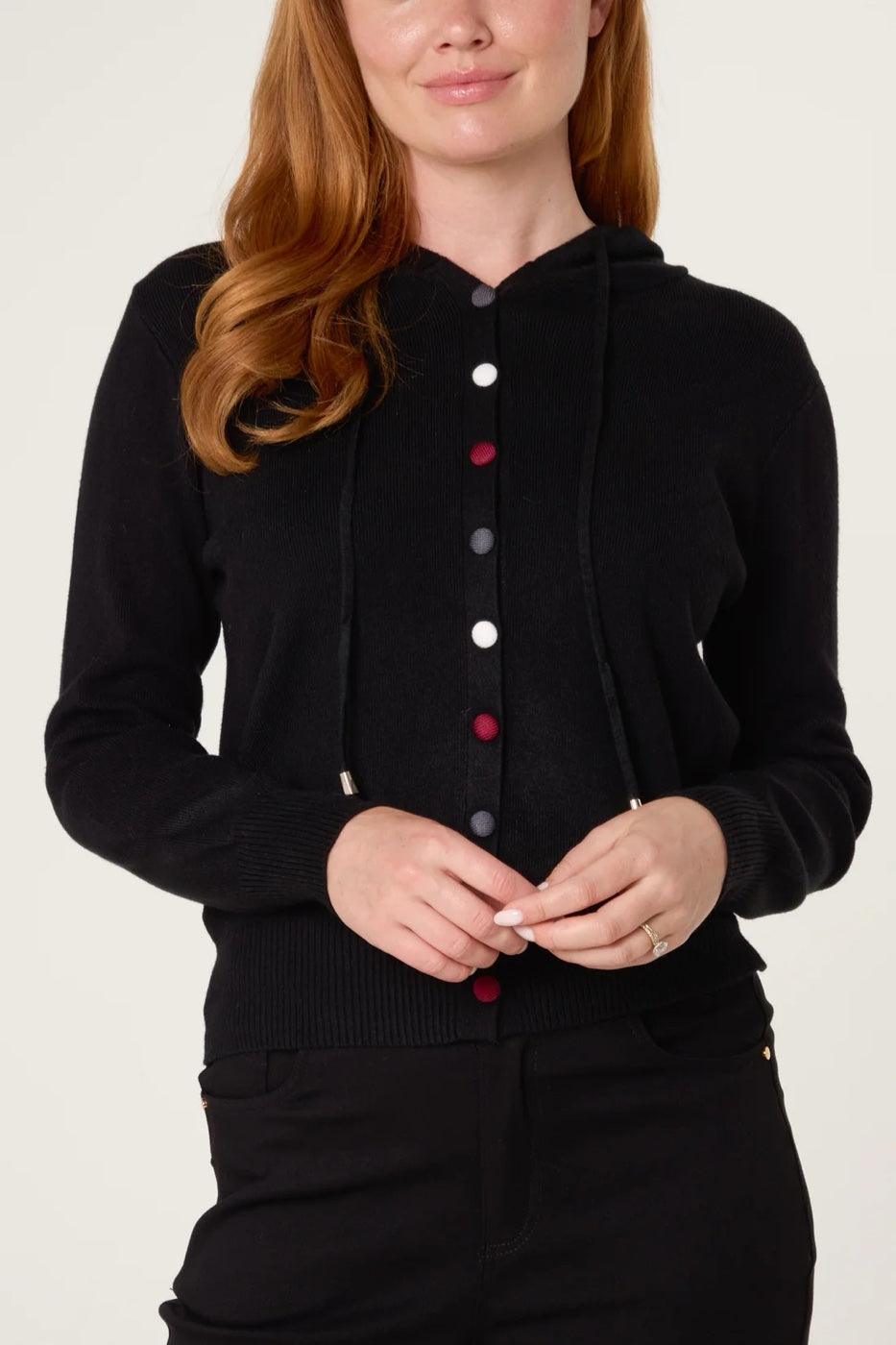Knitted Hoodie Cardigan with Contrast Buttons - Black