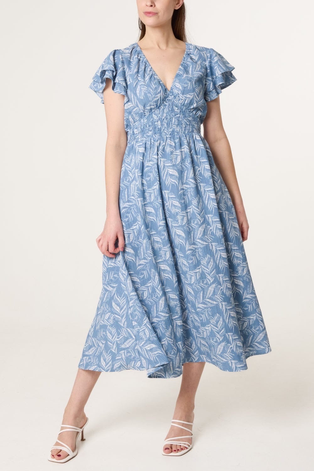 Leaf Print Midi Dress with Flutter Sleeves - Light Blue