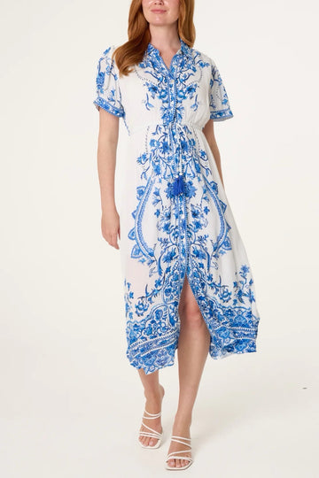 Bohemian Floral Print Midi Dress - Blue