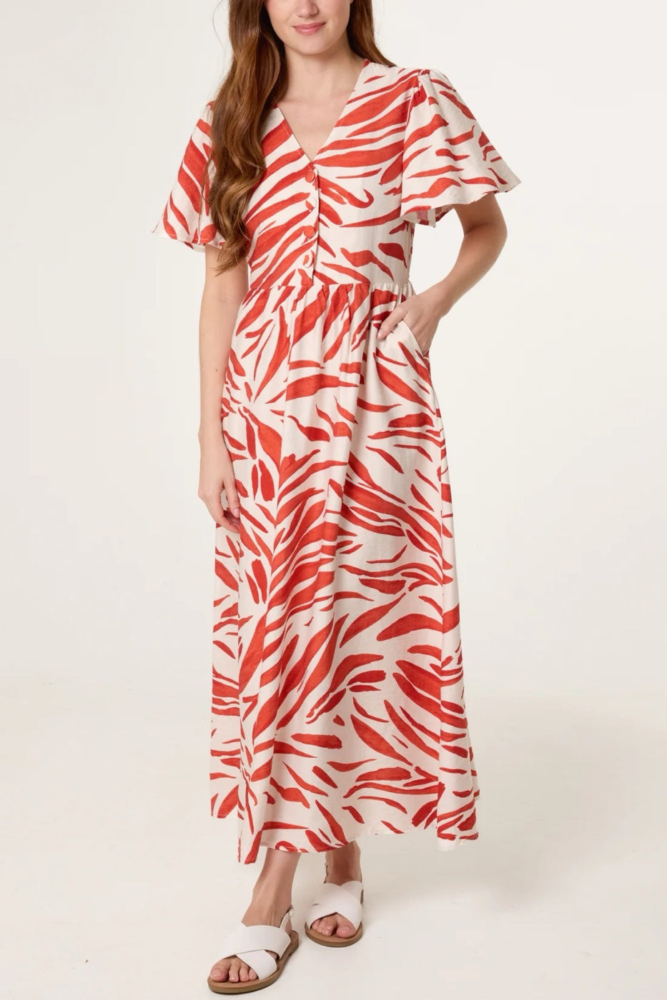 Printed Maxi Dress with Flutter Sleeves - Red